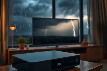 alt_text: A sleek IPTV box on a wooden console, displaying a clear broadcast as a dramatic lightning storm rages outside a rain-streaked window.