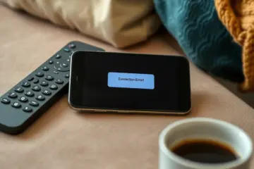 alt_text: A smartphone on a couch shows a frozen IPTV app with a "Connection Error," conveying tech frustration.