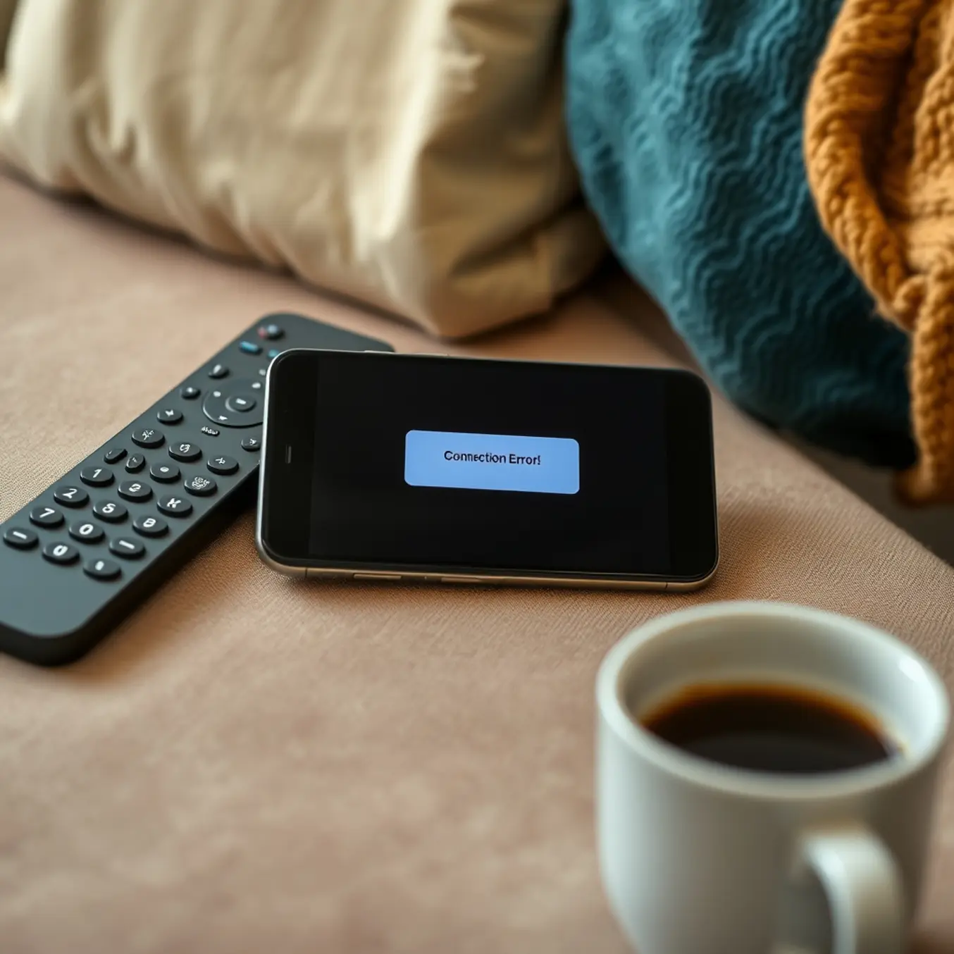 alt_text: A smartphone on a couch shows a frozen IPTV app with a "Connection Error," conveying tech frustration.