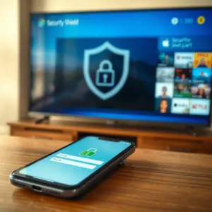 alt_text: A secure digital home: a TV displays a security shield icon while a phone shows a login screen with a green padlock.