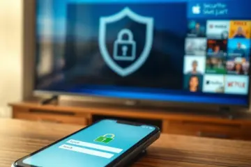 alt_text: A secure digital home: a TV displays a security shield icon while a phone shows a login screen with a green padlock.
