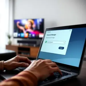 alt_text: A person securely logs into an IPTV service using a password manager on their laptop in a modern living room.