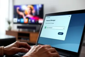 alt_text: A person securely logs into an IPTV service using a password manager on their laptop in a modern living room.