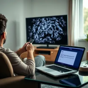 alt_text: A frustrated person at home, holding a remote and looking at a frozen TV, with a complaint email open on their laptop.