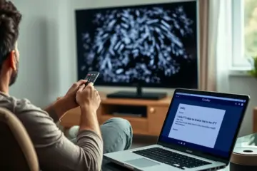 alt_text: A frustrated person at home, holding a remote and looking at a frozen TV, with a complaint email open on their laptop.