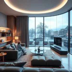 alt_text: Een futuristisch Nederlands gezin kijkt naar een zwevend hologramscherm in een lichte woonkamer met uitzicht op grachten.