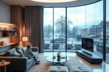 alt_text: Een futuristisch Nederlands gezin kijkt naar een zwevend hologramscherm in een lichte woonkamer met uitzicht op grachten.